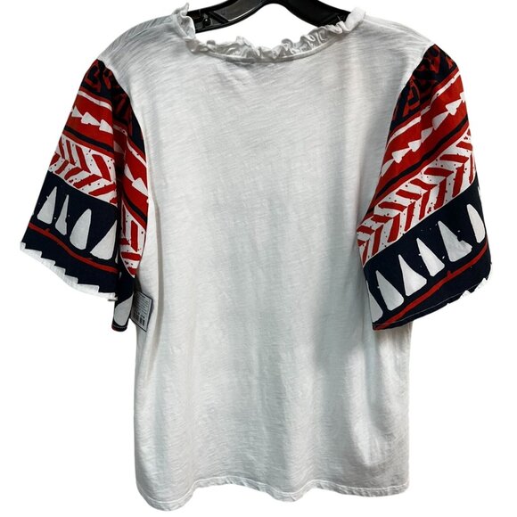 G By Giuliana Womens White Top W/ Aztec Print Sleeves V-Neck Cotton Blend Size L - Picture 2 of 6